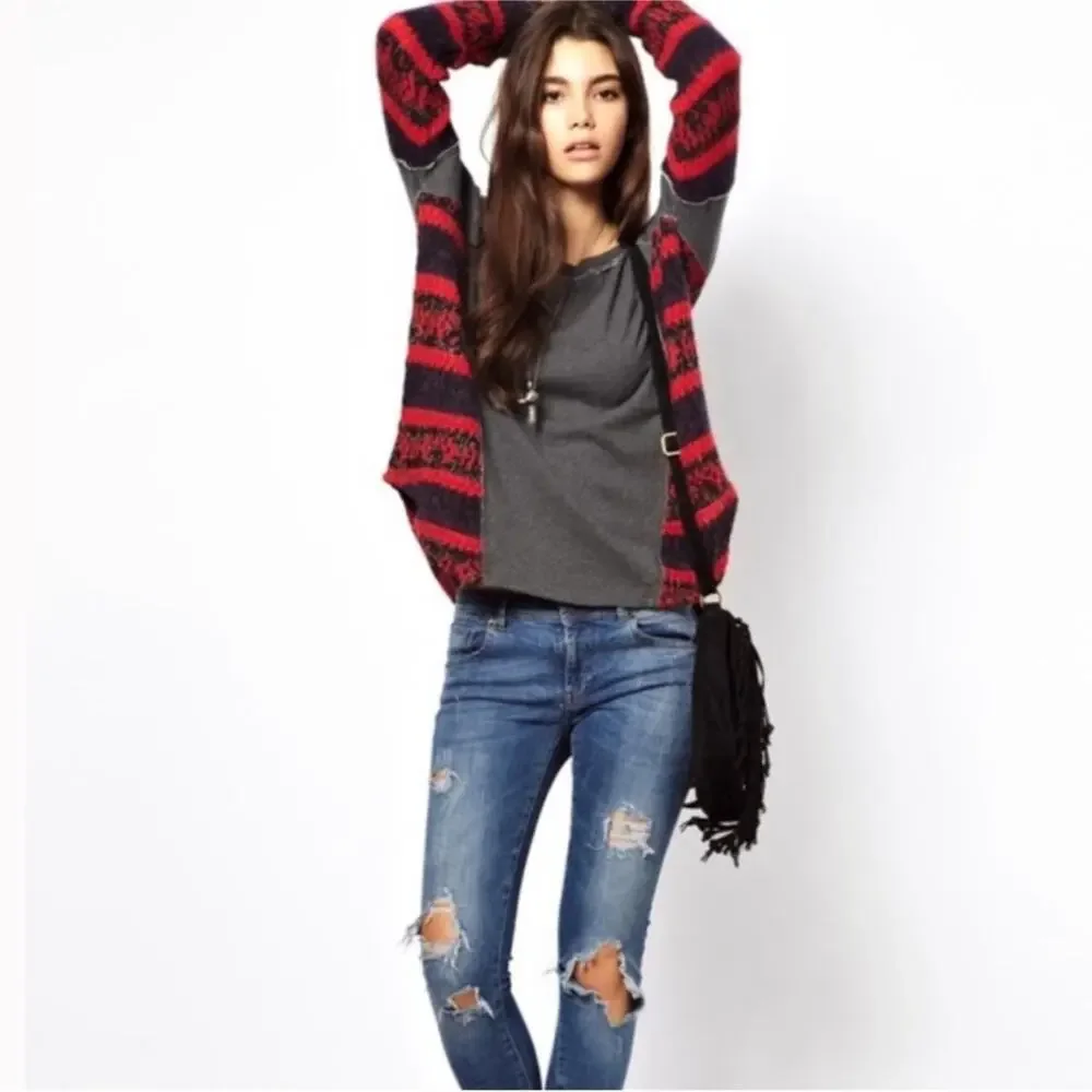 Free People Sinner Sweater Knit Sleeve Gray Sweatshirt S